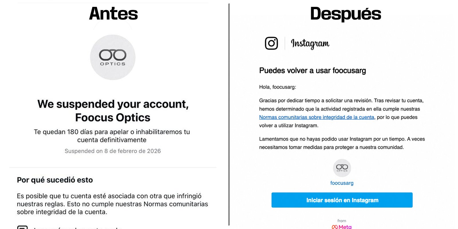 Antes y después: aviso de cuenta inhabilitada y aviso de cuenta recuperada